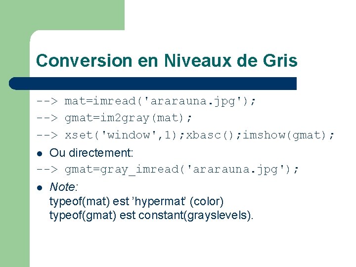 Conversion en Niveaux de Gris --> mat=imread('ararauna. jpg'); --> gmat=im 2 gray(mat); --> xset('window',