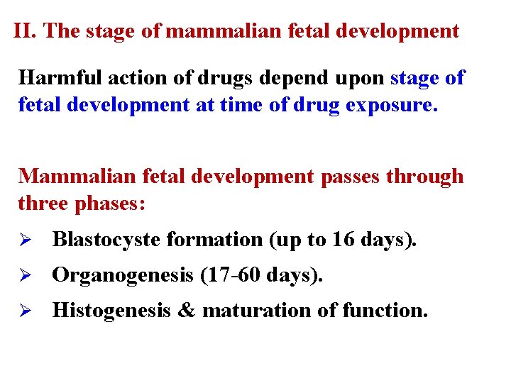 II. The stage of mammalian fetal development Harmful action of drugs depend upon stage