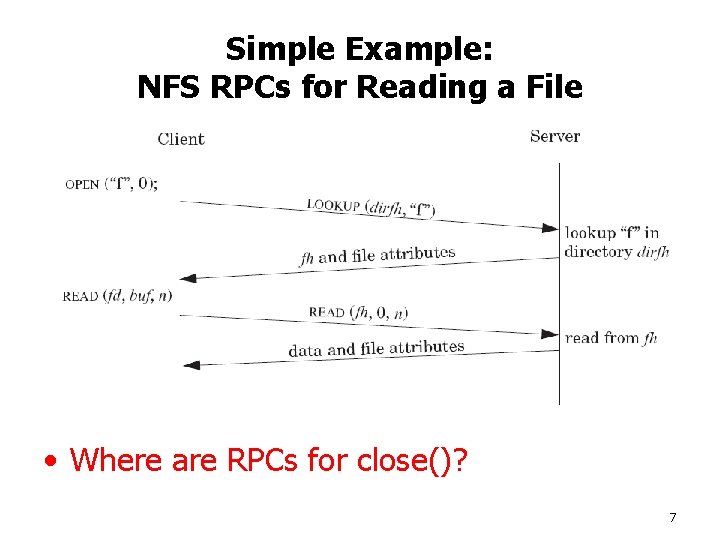 Simple Example: NFS RPCs for Reading a File • Where are RPCs for close()?