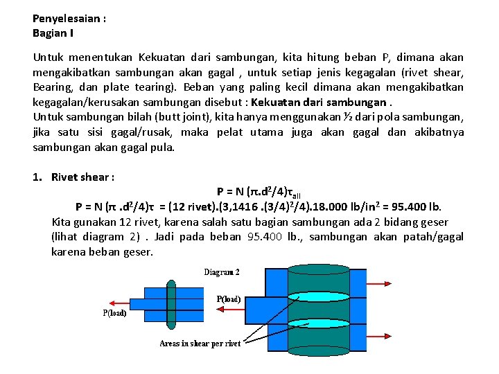 Penyelesaian : Bagian I Untuk menentukan Kekuatan dari sambungan, kita hitung beban P, dimana