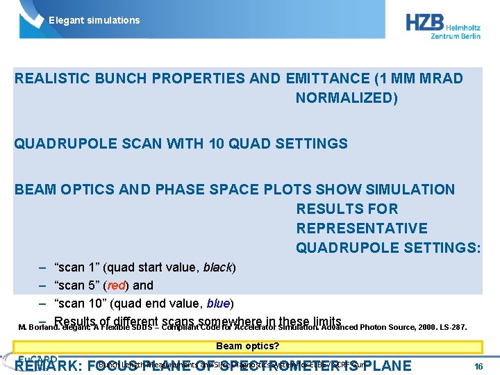 Elegant simulations REALISTIC BUNCH PROPERTIES AND EMITTANCE (1 MM MRAD NORMALIZED) QUADRUPOLE SCAN WITH