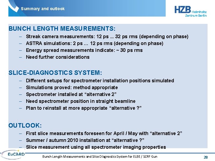 Summary and outlook BUNCH LENGTH MEASUREMENTS: – – Streak camera measurements: 12 ps. .