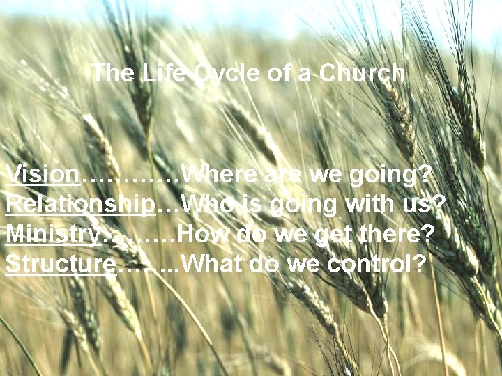 The Life Cycle of a Church WELCOME TO Vision…………Where we going? THE UNITED are