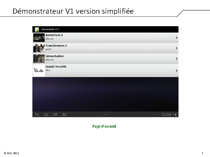 Démonstrateur V 1 version simplifiée Page d’accueil © Bull, 2012 8 