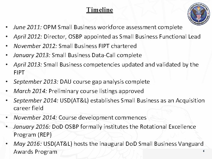 Timeline • • • June 2011: OPM Small Business workforce assessment complete April 2012: