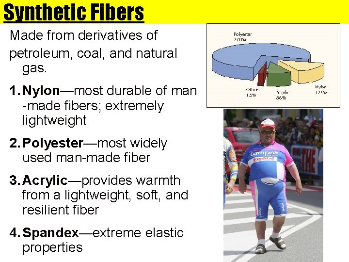 Synthetic Fibers Made from derivatives of petroleum, coal, and natural gas. 1. Nylon—most durable