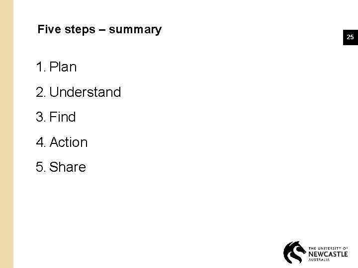Five steps – summary 1. Plan 2. Understand 3. Find 4. Action 5. Share