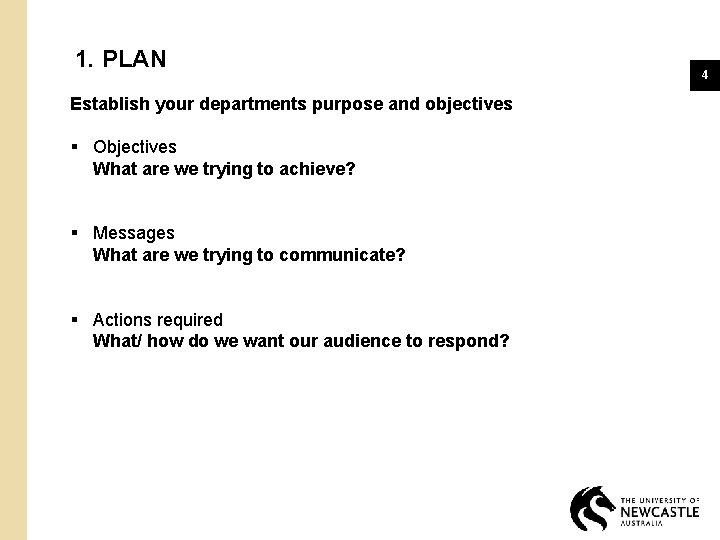 1. PLAN Establish your departments purpose and objectives § Objectives What are we trying