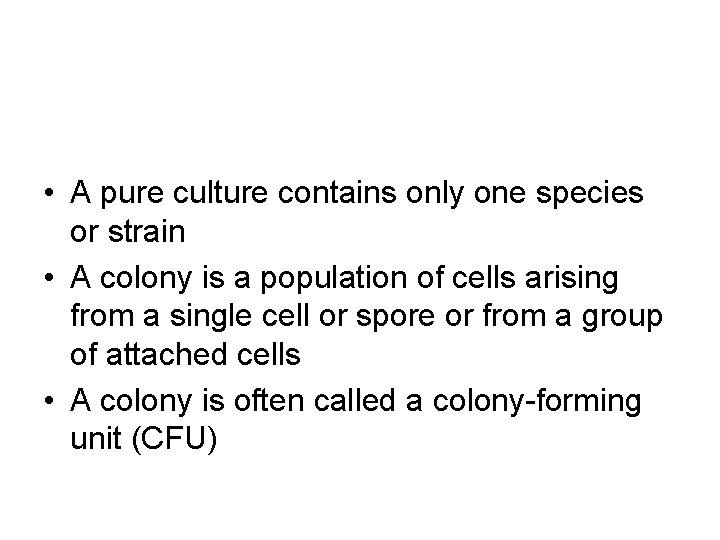  • A pure culture contains only one species or strain • A colony