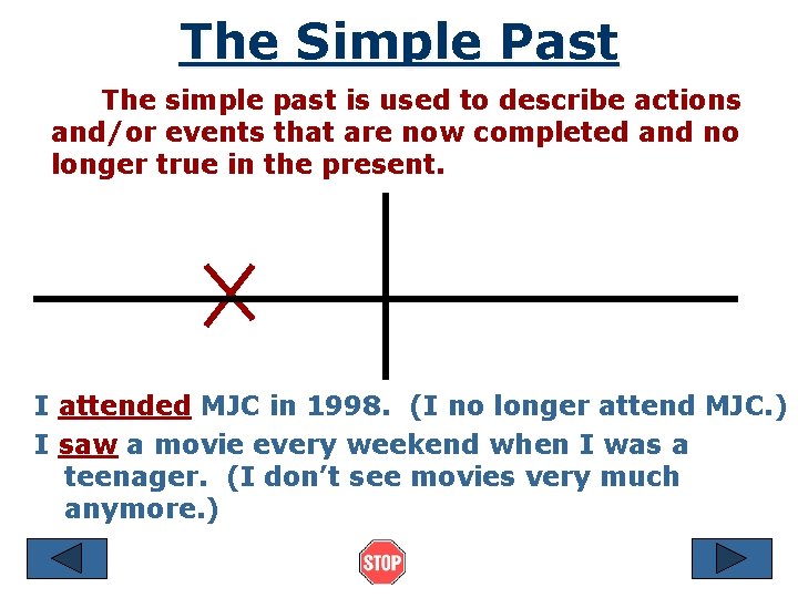 The Simple Past The simple past is used to describe actions and/or events that