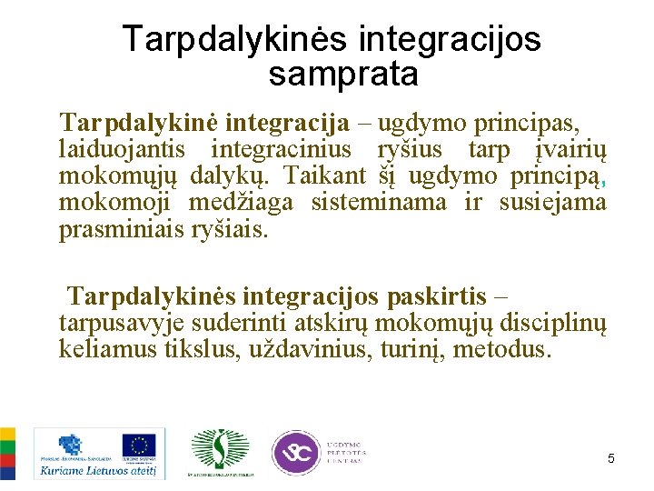 Tarpdalykinės integracijos samprata Tarpdalykinė integracija – ugdymo principas, laiduojantis integracinius ryšius tarp įvairių mokomųjų