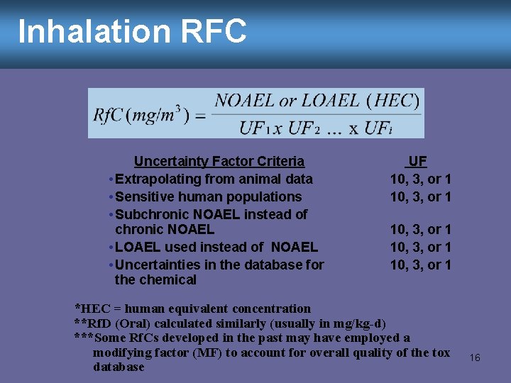 Inhalation RFC Uncertainty Factor Criteria • Extrapolating from animal data • Sensitive human populations