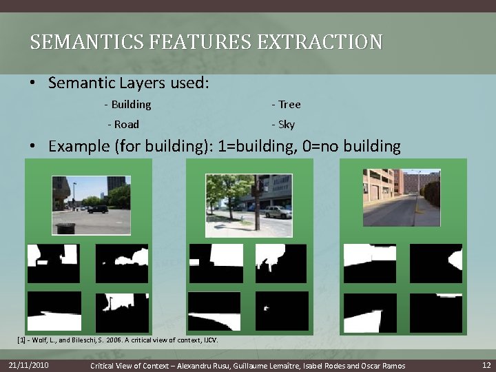 SEMANTICS FEATURES EXTRACTION • Semantic Layers used: - Building - Tree - Road -