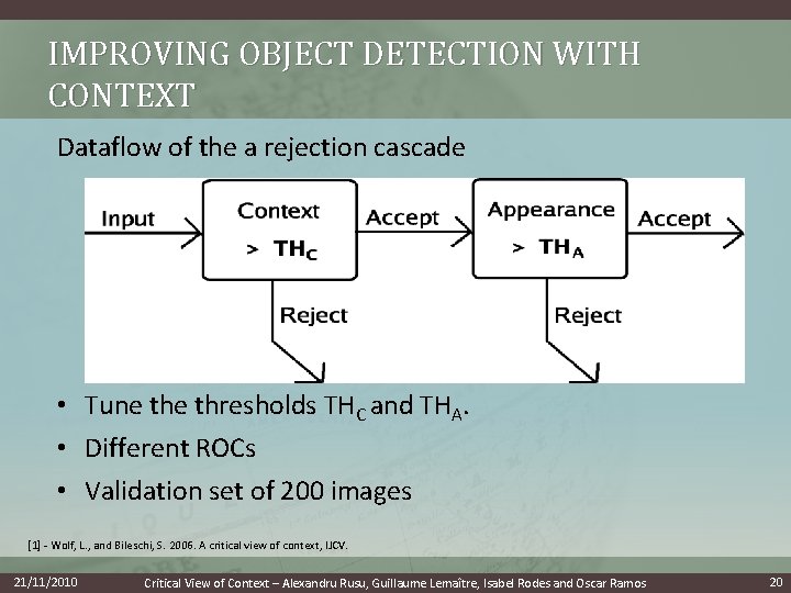 IMPROVING OBJECT DETECTION WITH CONTEXT Dataflow of the a rejection cascade • Tune thresholds