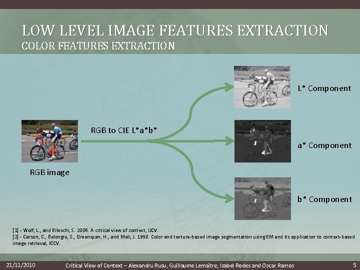 LOW LEVEL IMAGE FEATURES EXTRACTION COLOR FEATURES EXTRACTION L* Component RGB to CIE L*a*b*