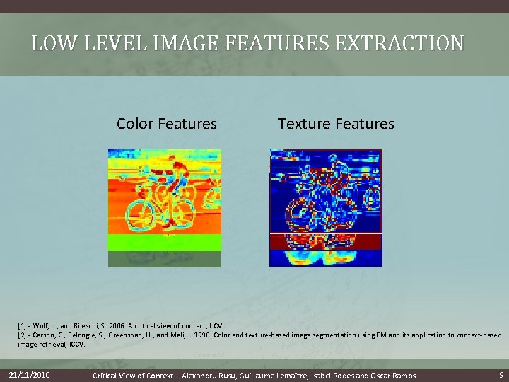 LOW LEVEL IMAGE FEATURES EXTRACTION Color Features Texture Features [1] - Wolf, L. ,