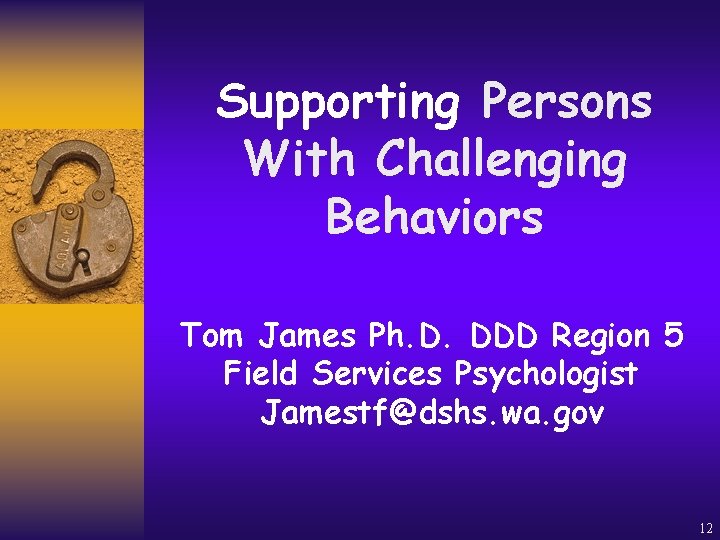 Supporting Persons With Challenging Behaviors Tom James Ph. D. DDD Region 5 Field Services