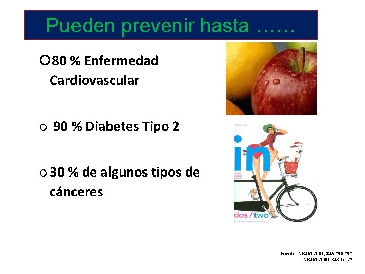 Pueden prevenir hasta …… 80 % Enfermedad Cardiovascular 90 % Diabetes Tipo 2 30