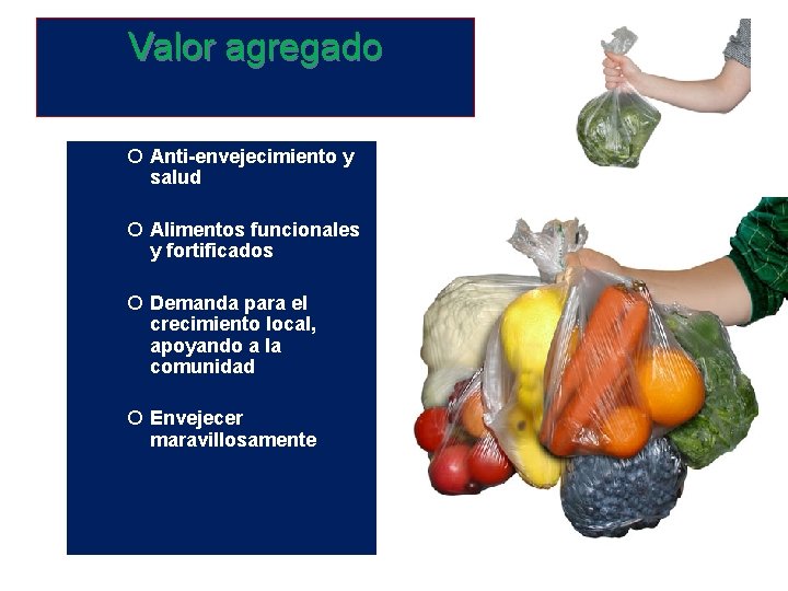 Valor agregado Anti-envejecimiento y salud Alimentos funcionales y fortificados Demanda para el crecimiento local,