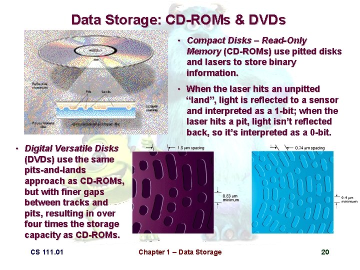 Data Storage: CD-ROMs & DVDs • Compact Disks – Read-Only Memory (CD-ROMs) use pitted