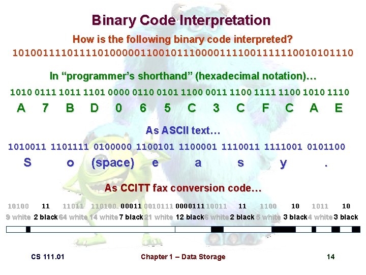 Binary Code Interpretation How is the following binary code interpreted? 101001111010000011001011100001111110010101110 In “programmer’s shorthand”