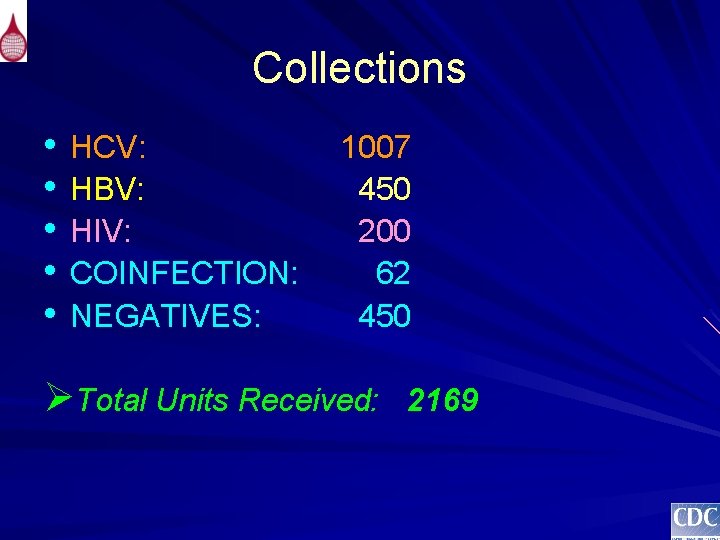 Collections • HCV: • HBV: • HIV: • COINFECTION: • NEGATIVES: 1007 450 200