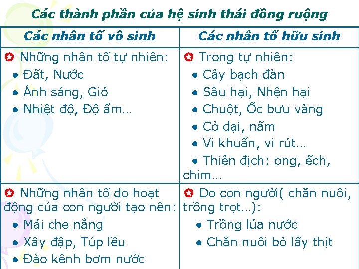 Các thành phần của hệ sinh thái đồng ruộng Các nhân tố vô sinh