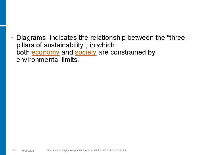  • 22 Diagrams indicates the relationship between the "three pillars of sustainability", in