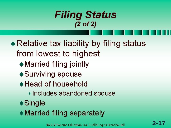 Filing Status (2 of 2) ® Relative tax liability by filing status from lowest