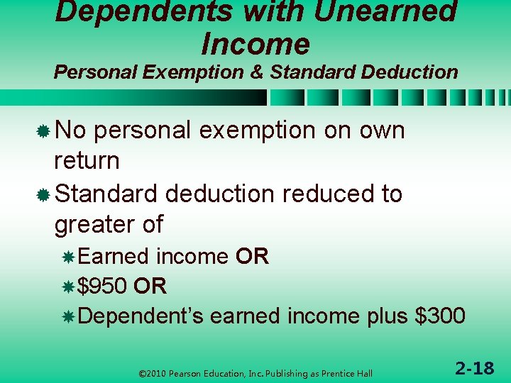 Dependents with Unearned Income Personal Exemption & Standard Deduction ® No personal exemption on