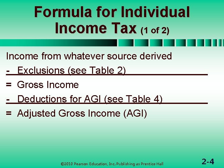 Formula for Individual Income Tax (1 of 2) Income from whatever source derived -