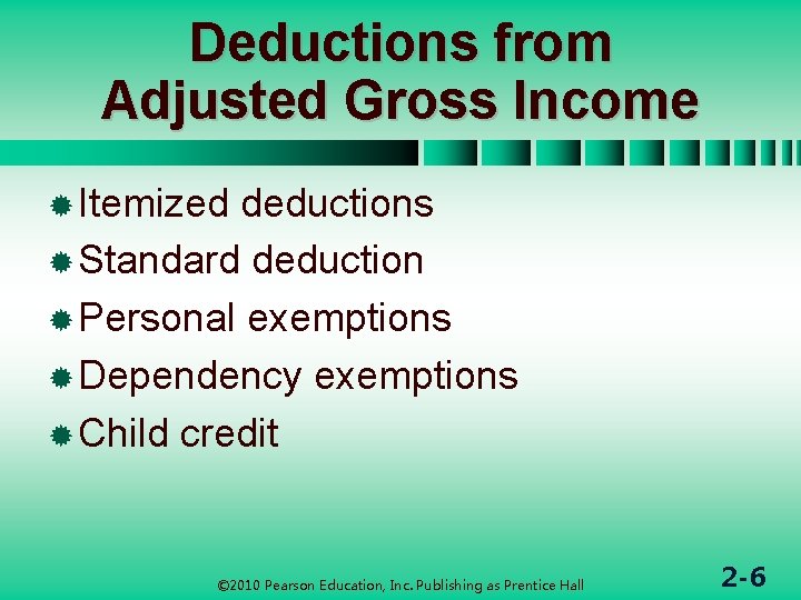 Deductions from Adjusted Gross Income ® Itemized deductions ® Standard deduction ® Personal exemptions