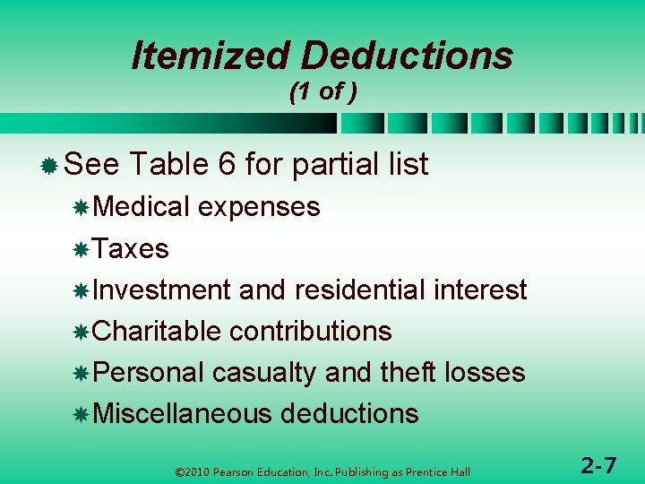 Itemized Deductions (1 of ) ® See Table 6 for partial list Medical expenses