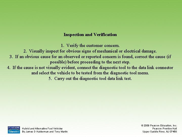 Inspection and Verification 1. Verify the customer concern. 2. Visually inspect for obvious signs