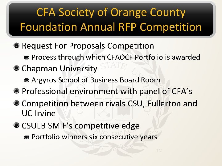 CFA Society of Orange County Foundation Annual RFP Competition Request For Proposals Competition Process