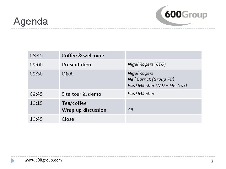 Agenda 08: 45 Coffee & welcome 09: 00 Presentation Nigel Rogers (CEO) 09: 30