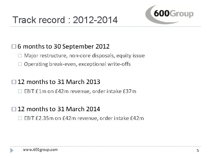 Track record : 2012 -2014 � 6 months to 30 September 2012 Major restructure,