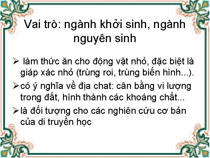 Vai trò: ngành khởi sinh, ngành nguyên sinh Ø làm thức ăn cho động