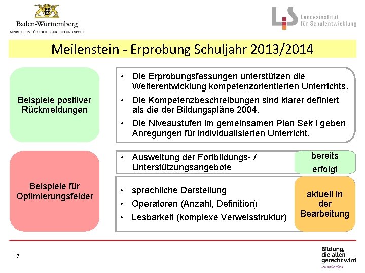 Meilenstein - Erprobung Schuljahr 2013/2014 Beispiele positiver Rückmeldungen • Die Erprobungsfassungen unterstützen die Weiterentwicklung