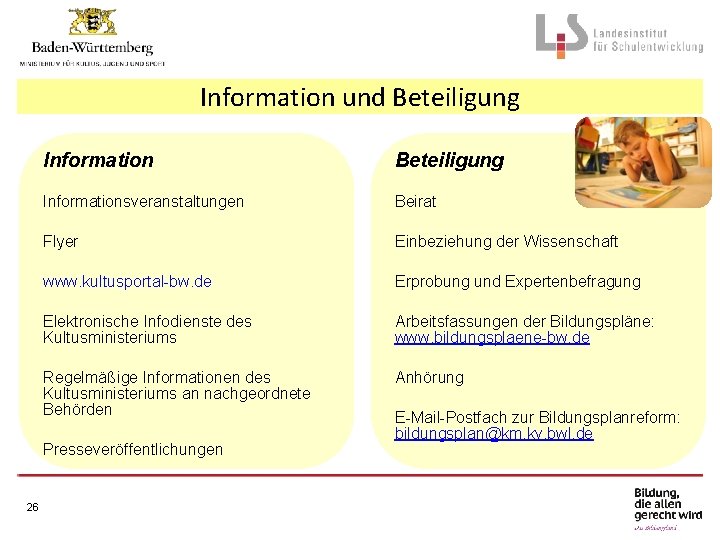 Information und Beteiligung Informationsveranstaltungen Beirat Flyer Einbeziehung der Wissenschaft www. kultusportal-bw. de Erprobung und