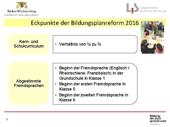 Eckpunkte der Bildungsplanreform 2016 5 Kern- und Schulcurriculum • Verhältnis von ¾ zu ¼