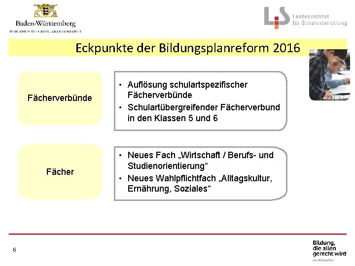 Eckpunkte der Bildungsplanreform 2016 Fächerverbünde Fächer 6 • Auflösung schulartspezifischer Fächerverbünde • Schulartübergreifender Fächerverbund