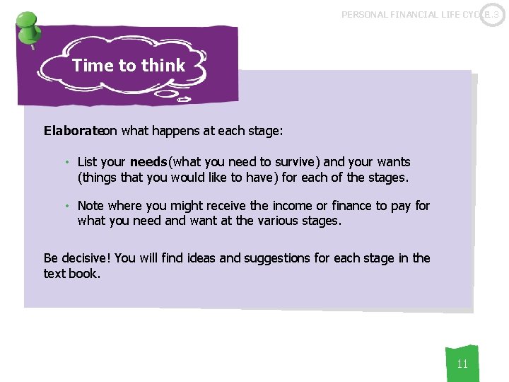 PERSONAL FINANCIAL LIFE CYCLE 1. 3 Time to think Elaborateon what happens at each