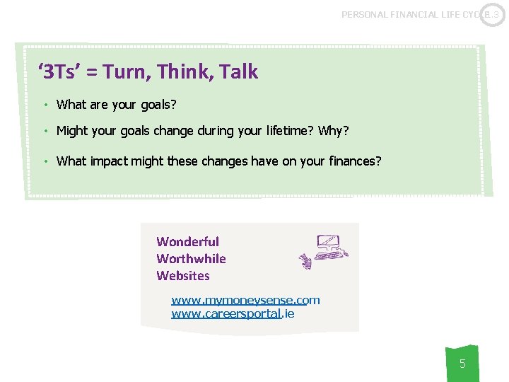 PERSONAL FINANCIAL LIFE CYCLE 1. 3 ‘ 3 Ts’ = Turn, Think, Talk •