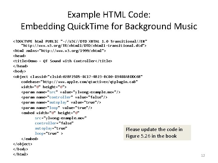 Example HTML Code: Embedding Quick. Time for Background Music <!DOCTYPE html PUBLIC "-//W 3