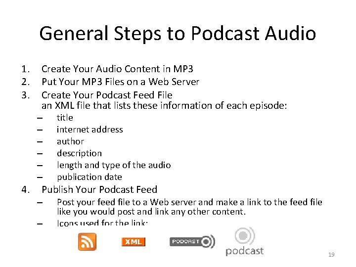 General Steps to Podcast Audio 1. 2. 3. Create Your Audio Content in MP