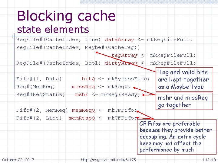 Blocking cache state elements Reg. File#(Cache. Index, Line) data. Array <- mk. Reg. File. Blocking cache state elements Reg. File#(Cache. Index, Line) data. Array <- mk. Reg. File.