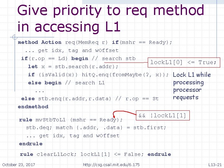 Give priority to req method in accessing L 1 method Action req(Mem. Req r) Give priority to req method in accessing L 1 method Action req(Mem. Req r)