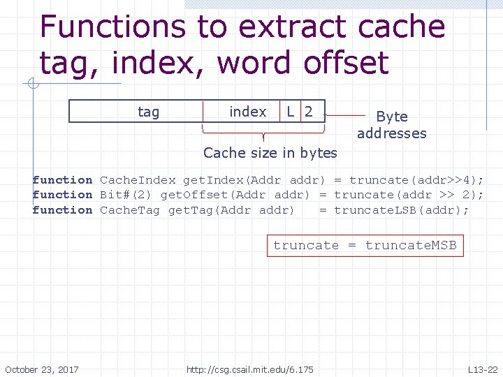 Functions to extract cache tag, index, word offset tag index L 2 Byte addresses Functions to extract cache tag, index, word offset tag index L 2 Byte addresses
