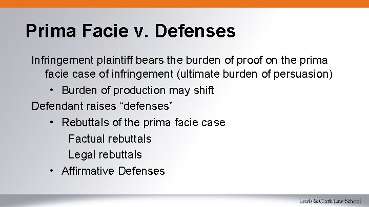 Prima Facie v. Defenses Infringement plaintiff bears the burden of proof on the prima